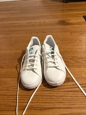 adidas White Sneakers with Green Heel and Tongue Accents